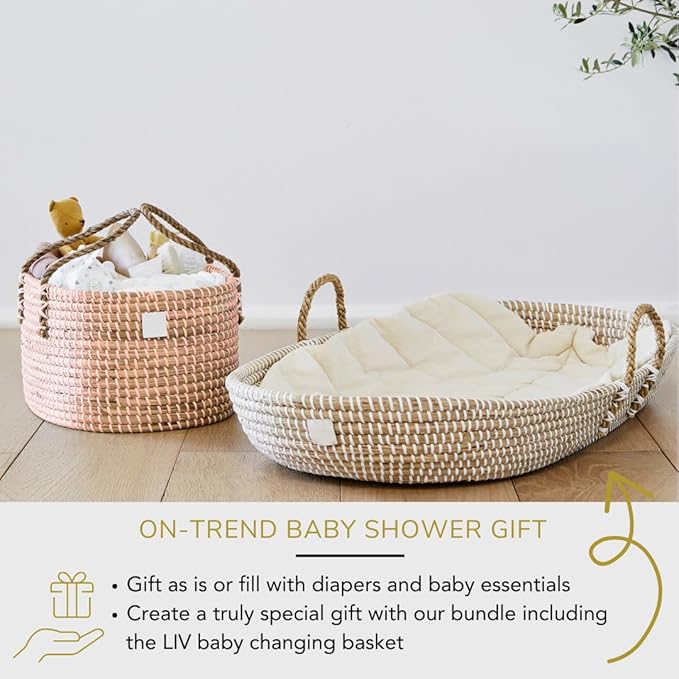 BEBE BASK Premium Pink Baby Diaper Caddy Organizer -Handmade - Seagrass Basket With Cotton Divider - Award-Winning & Luxury Pink Diaper Caddy Basket - (Blush)