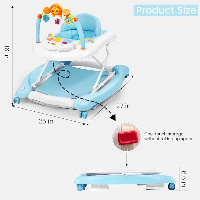 Baby Walker, 5-in-1 Baby Walkers for Boys and Girls 6-12 Months with Bouncer, Removable Footrest, Feeding Tray & Music, Foldable & Adjustable Activity Walker for 6-18 Months Toddler Infant