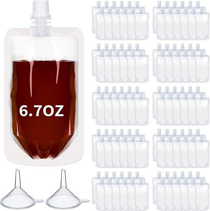 Meanplan 100 Pcs Plastic Pouches Bulk Reusable Squeeze Pouches Clear Plastic Juice Leak Proof Bags with Funnel for Party Favors Supplies(6.7 oz,Straight Mouth)