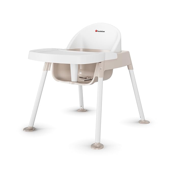 Foundations Secure Sitter 11" Feeding Chair, Stable “No Tip” Feet, 3-Point Adjustable Harness, Removable Tray, Easy to Clean, Smooth Plastic (White/Tan)