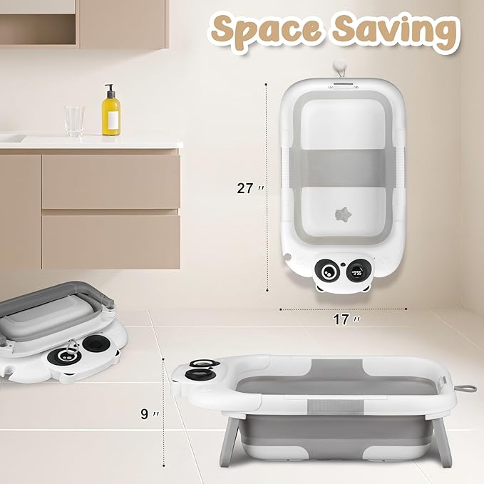 Collapsible Baby Bathtub for Newborn, Baby Bath Tub with Thermometer & Soft Floating Cushion & Drain Hole for Infant to Toddler, Portable Travel Bathtub with No-Slip Feet for 0-36 Months-Gray