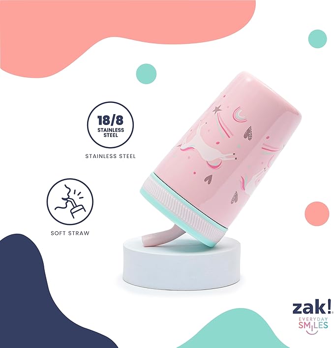 Zak Designs Kelso Toddler Cups For Travel or At Home, 12oz Vacuum Insulated Stainless Steel Sippy Cup With Leak-Proof Design is Perfect For Kids (Fanciful Unicorn)
