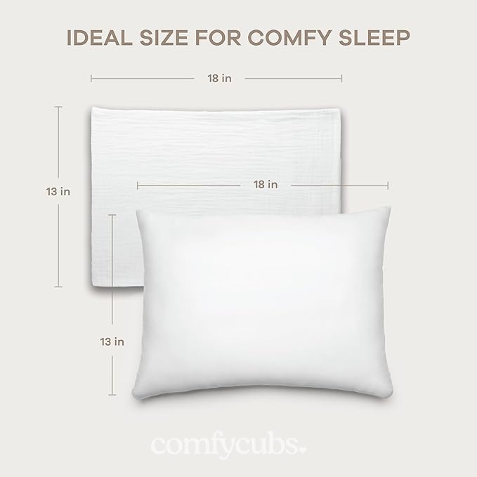 Comfy Cubs Toddler Pillow with Muslin Pillowcase, 13 x 18 in - Travel and Sleep Support for Kids - Lightweight, Breathable Microfiber Fill - Soft and Cozy Small Pillow for Toddlers - White
