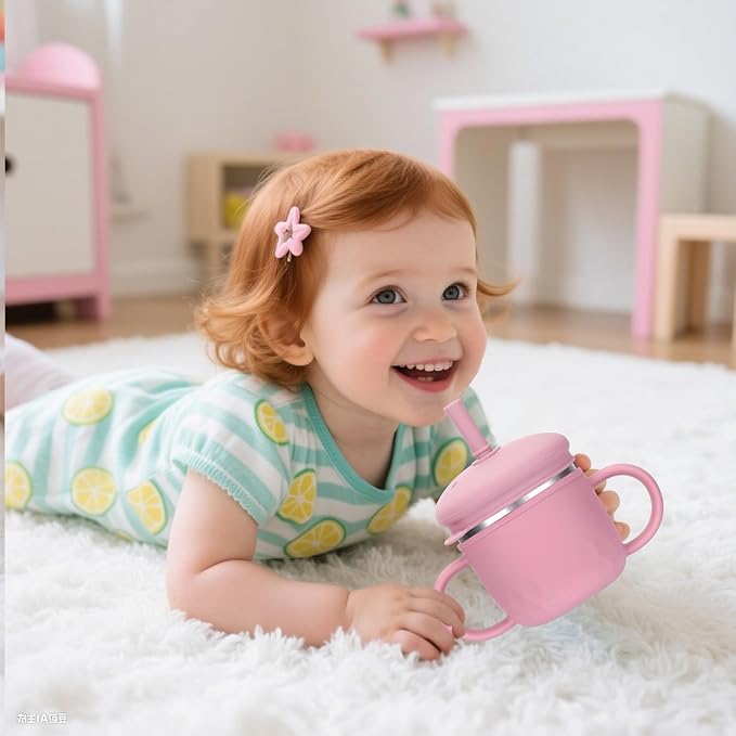 BUSOHA Stainless Steel Sippy Cups - 3 IN 1 Silicone Sippy Cup for Toddlers Baby Straw Cup with Brush Kids Cups with Lid and Silicon Straw Anti-Drop Spill Proof Cups for Travel,8 oz, Pink