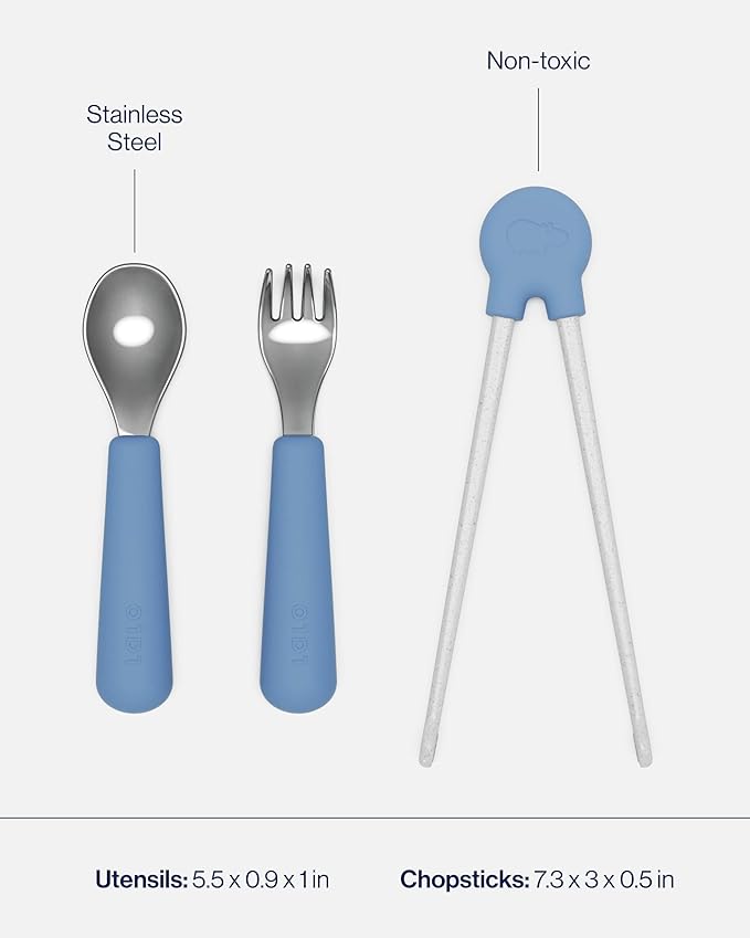 Lalo Big Bites Kids Dinnerware Full Set - Dishwasher Safe, BPA Free, Kids Tableware Set - Includes Stackable Bowl, Plate, Utensils & Cup - 7 Pieces - Blueberry