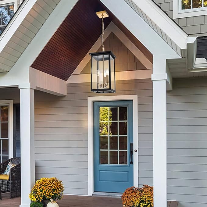 3-Lights Large Outdoor Pendant Lighting Clear Glass, Ceiling Porch Light Fxitures Adjustable Chain for Foyer Patio, Exterior Hanging Lantern Lamp, E12 Bulb Base, Black & Bruhed Brass