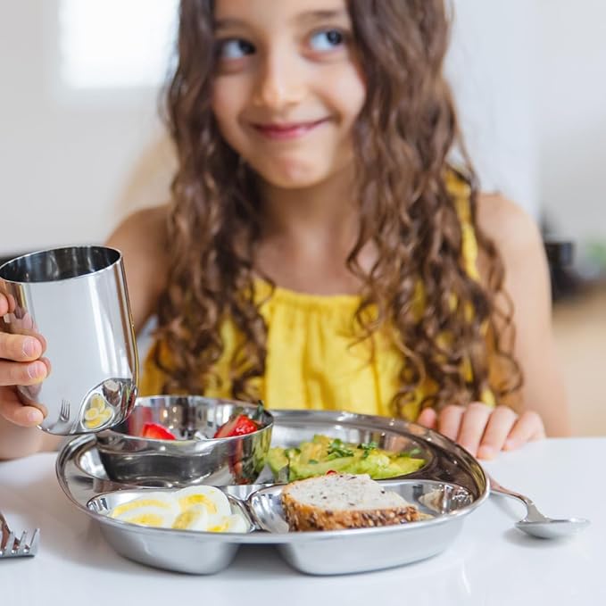 Ahimsa Stainless Steel Kids Plates - Divided Toddler Plates, Pediatrician Designed, Non Toxic Toddler Plate, Camping Plate, BPA Free & Dishwasher Safe (Single)
