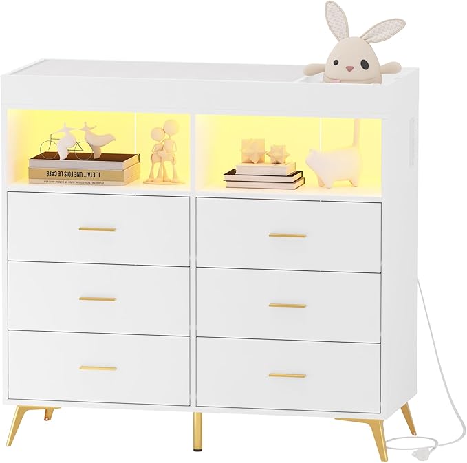 GarveeHome Dresser for Bedroom with 6 Drawers, Baby Changing Table Dresser with Changing Pad, LED Lights & Charging Station, Baby Changing Station with Changing Table Top (White)