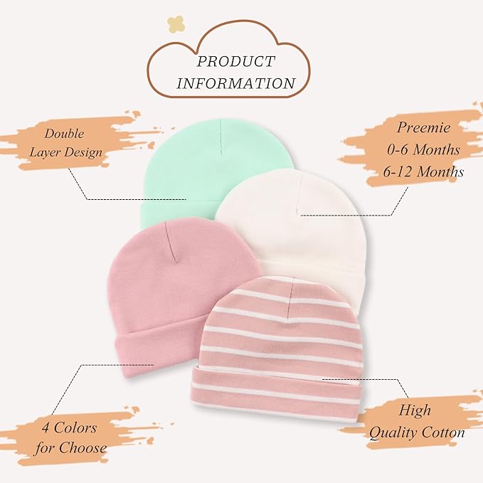 Bamery Cotton Baby Girl Hat Preemie Boys Beanie Newborn Hospital Hats Winter Infant Hats for Girls
