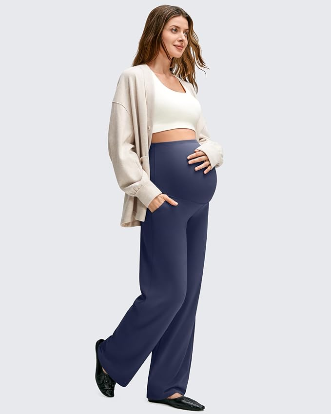 G4Free BareFeel Maternity Dress Yoga Pants with Pockets Over The Belly Stretchy Work Slack Pregnancy Wide Leg Casual Trousers