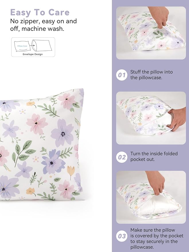 TILLYOU Toddler Pillowcases 13 x 18 Travel Pillow Case 2 Pack, Kids Pillowcases Machine Washable with Envelope Closure, Brilliant Little Flowers