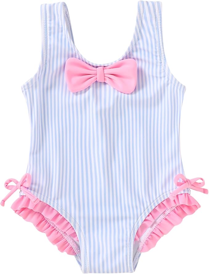 YOUNGER TREE Toddler Swimsuit Girl Cute Stripe One-Piece Ruffle Swimwear Baby Girl Bathing Suits with Bow
