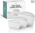 Premium Platinum Silicone Reusable Food Storage Bags 3-Pack (17 fl oz + 29 fl oz + 51 fl oz), Airtight Zip Lock Bags for Food, BPA-Free Silicone Freezer Bags, Microwave Safe, White