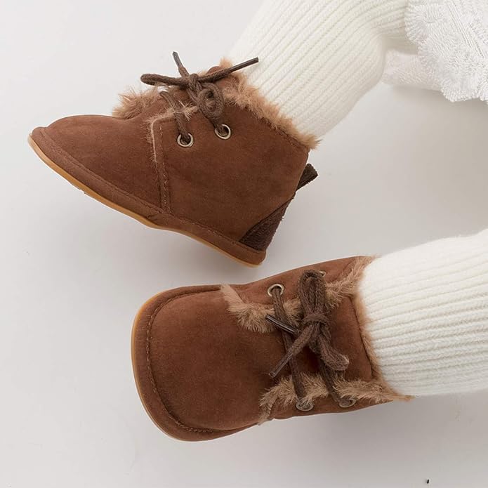 Baby Unisex Warm Snow Boots Newborn Leather Fur Lace Up Ankle Anti-Slip Rubber Texture Sole Toddler Prewalker Winter Crib Shoes