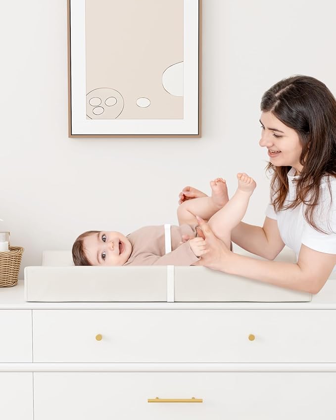 Wipeable Baby Changing Pad for Dresser and Table, Cozy Diaper Changing Pad with Waterproof & Wipe-Clean Leather Cover, Off-White