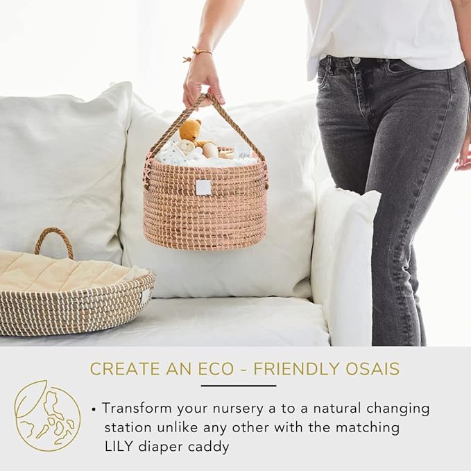 BEBE BASK Premium Pink Baby Diaper Caddy Organizer -Handmade - Seagrass Basket With Cotton Divider - Award-Winning & Luxury Pink Diaper Caddy Basket - (Blush)