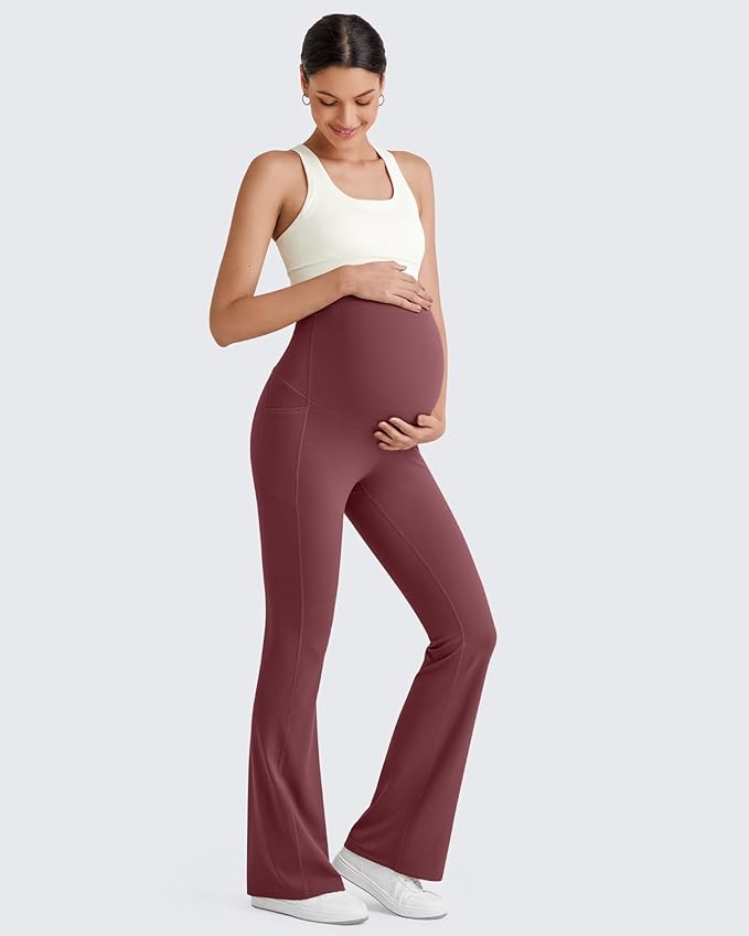 G4Free BareFeel Maternity Flare Leggings with Pockets Over The Belly Stretchy Casual Lounge Pregnancy Dress Pants for Work
