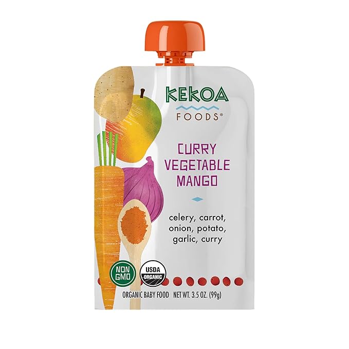Kekoa Foods Curry Vegetable Mango Baby Food Purée | 100% USDA Certified-Organic, No Sugar Added | Organic, Non-GMO, Gluten-Free, Vegan | Mild Curry with Celery, Carrot & Potato | 3.5 oz Squeeze Pouch