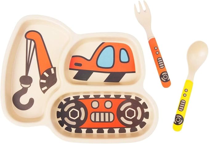 Kid Plate Set Bamboo Toddler Plates Dinnerware Dinner Dish Set Baby Feeding Spill Proof Divided Plate - Baby Spoon and fork 3-Piece Set for Kids and Toddlers Teaches Child Portion Control