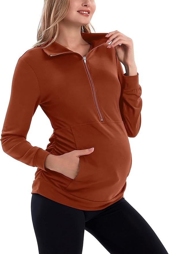 GINKANA Maternity Women's Long Sleeve Shirt Half Zipper Lapel Lightweight Casual Maternity Pullover with Pockets