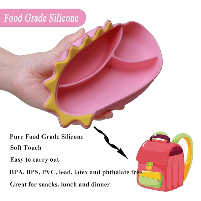 Silicone Suction Plates for Baby Toddler with Spoon Fork set Divided Dinosaurs Plates Self Feeding Training Baby Dinner Plate-Pink Dinosaurs Plate Set