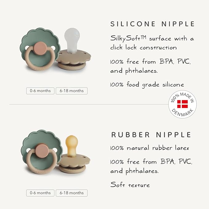 FRIGG Daisy Night Natural Rubber Baby Pacifier | Made in Denmark | BPA-Free (Portobello/Croissant, 6-18 Months) 2-Pack
