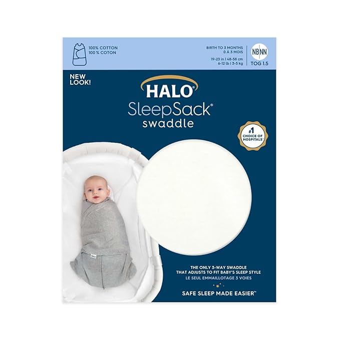 HALO 100% Cotton Sleepsack Swaddle, 3-Way Adjustable Wearable Blanket, TOG 1.5, Cream, Small, 3-6 Months