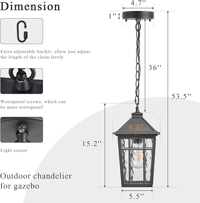Large Outdoor Pendant Lights for Porch 15.2 Inch Dusk to Dawn Black Hanging Porch Lights Outdoor Waterproof Exterior Hanging Light Fixture with Adjustable Chain E26 Socket