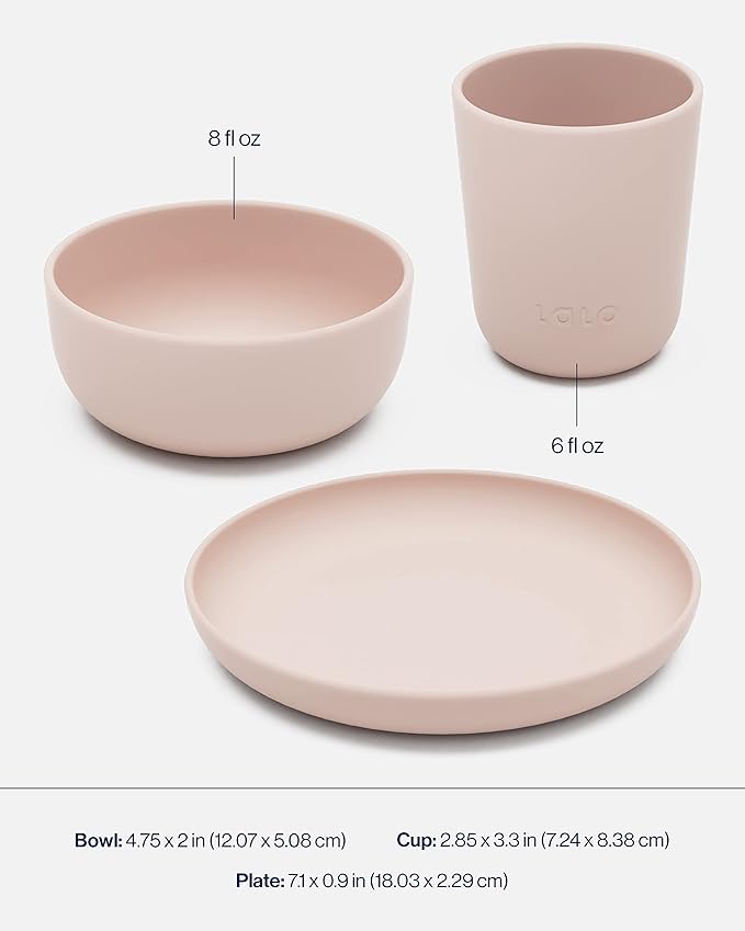 Lalo Big Bites Kids Dinnerware Starter Set - Dishwasher Safe, BPA Free, Kids Tableware Set - Includes Stackable Bowl, Plate, Utensils & Cup - 5 Pieces - Grapefruit