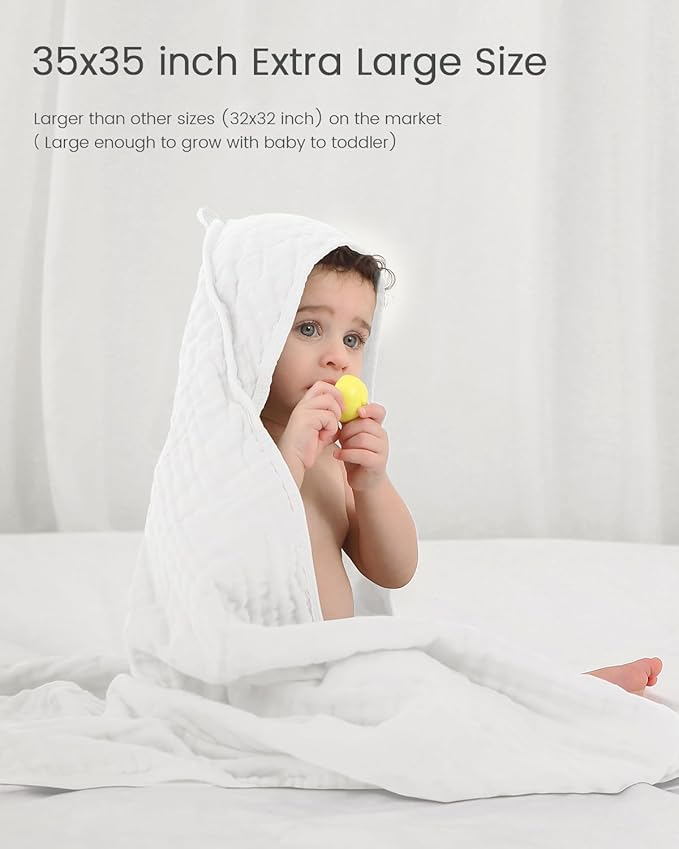 Hooded Baby Towels for Newborn, 35x35 Inch 3 Pack 100% Muslin Cotton Baby Bath Towel, Soft Baby Beach Towels with Hood for Infants, Toddlers and Kids, Essentials Must Haves
