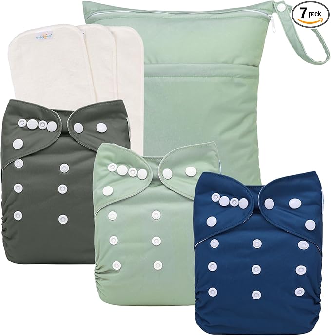 babygoal AWJ Cloth Diapers with Tummy Panel Pack of 7, 3 Diaper Cover with 3 Inserts and Wet Dry Bag, Adjustable Washable Reusable for Baby Girls and Boys