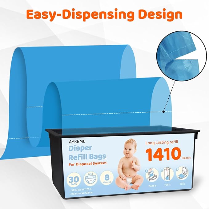 Diaper Pail Refills Bags Compatible with Genie Easy Roll Signature & Platium Diaper Pails | 7-Layer OdorLock Technology | Up to 10 Months Use,1 Pack(30 Bags)