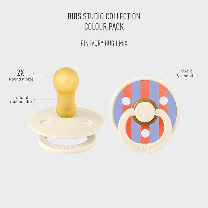 BIBS Pacifiers - Studio 2 Pack | Round Nipple Baby Pacifier | BPA Free Natural Rubber Latex Soother | Made in Denmark | Size 6+ Months | Pin Ivory