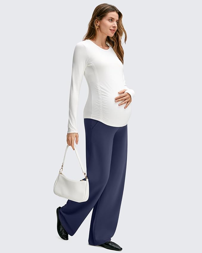 G4Free BareFeel Maternity Dress Yoga Pants with Pockets Over The Belly Stretchy Work Slack Pregnancy Wide Leg Casual Trousers