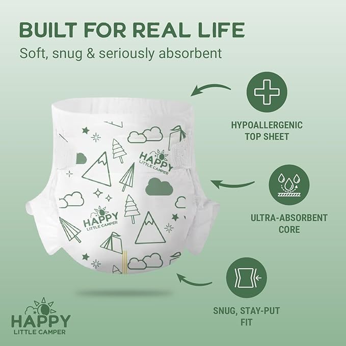 Happy Little Camper Ultra-Absorbent Natural Baby Diapers Size 1 - Hypoallergenic, Unscented & Chlorine-Free Disposable Diapers (200 Count) Come with Flushable Wipes (200 Count) for Sensitive Skin