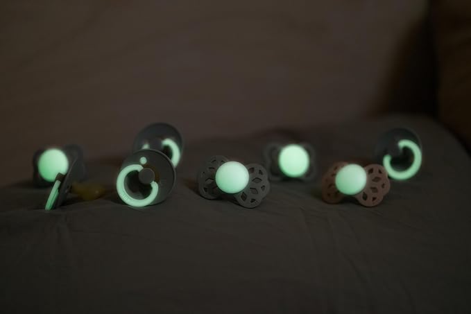 BIBS Colour Night Glow in The Dark Soother 2-Pack, BPA Free Dummy Pacifier, Round Nipple. Natural Rubber Latex, Made in Denmark, Size 1 (0-6 Months), Sand Glow/Iron Glow