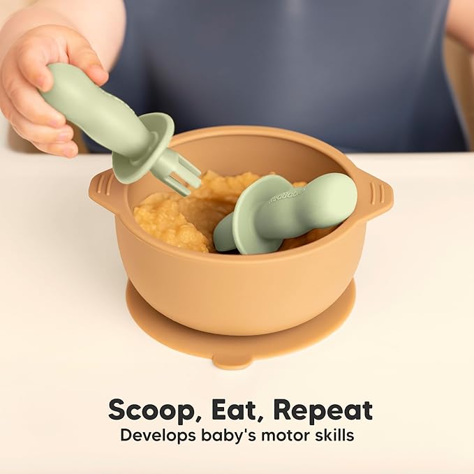 KeaBabies 4-Pack Silicone Baby Spoons and Forks Set - Baby Led Weaning Utensils 6-12 Months, Self Feeding Toddler Spoon & Fork for Training, Teething, Easy to Hold, BPA-Free Silicone (Sage)