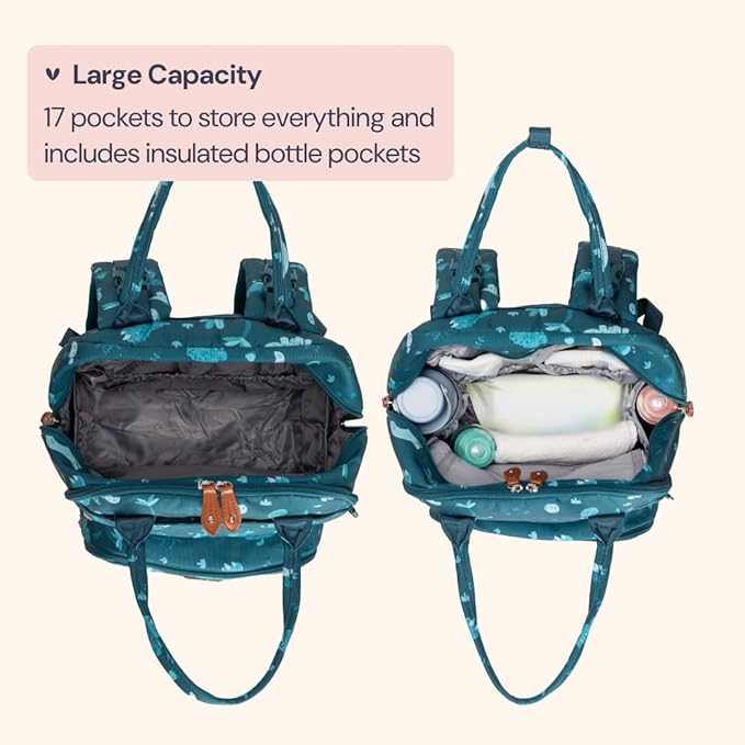 BabbleRoo Diaper Bag Backpack - Baby Essentials Travel Tote - Multi Function Water Resistant Diaper Bag, Travel Essentials Baby Bag with Changing Pad, Stroller Straps & Pacifier Case - Unisex, Dino