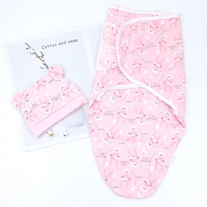 Cinaci 2 Pieces Adjustable Soft Cotton Baby Swaddle Sleep Sacks Hats Newborn Nursery Caps Beanies Bonnets Swaddle Blanket Wraps for Baby Girls Boys Infants Newborns (2PCS S3)