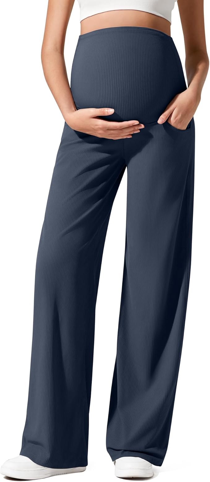 G4Free Ribbed Maternity Yoga Pants with Pockets Over The Belly Wide Leg Casual Pregnancy Lounge Trousers