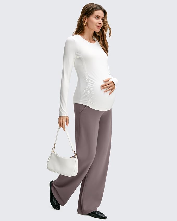 G4Free BareFeel Maternity Dress Yoga Pants with Pockets Over The Belly Stretchy Work Slack Pregnancy Wide Leg Casual Trousers