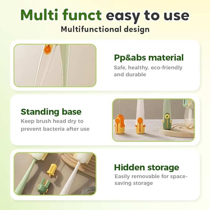 5 in 1 Bottle Cleaning Brush, Multifunctional Water Bottles Cleaner Brushs Portable Bottle and Lid Cleaning Brush Tool, Straw Cleaner Brushs for Baby Bottles Tumblers Glass Cups (2, Green)