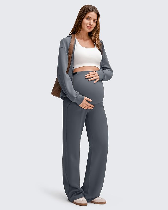 G4Free EverGoing Fleece Lined Maternity Wide Leg Pants Over The Belly Pregnancy Trousers with Pockets
