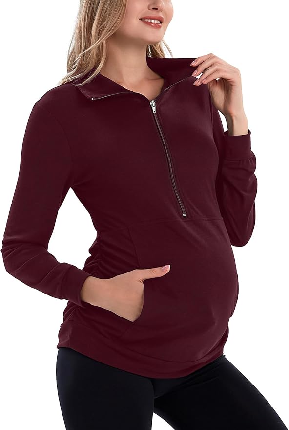 GINKANA Maternity Women's Long Sleeve Shirt Half Zipper Lapel Lightweight Casual Maternity Pullover with Pockets