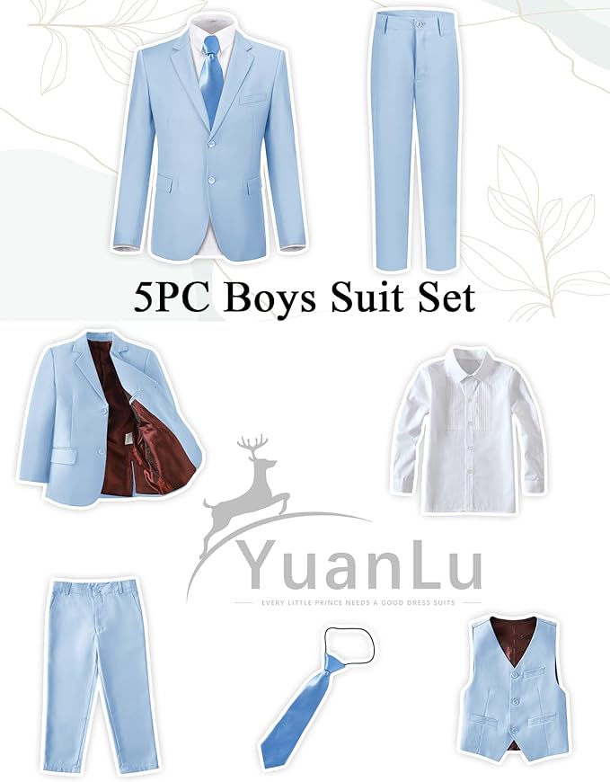 YuanLu Boys Suit for Kids Tuxedo Wedding Ring Bearer Outfit, 5 Piece Boy Slim Fit Formal Suits with Adjustable Waist