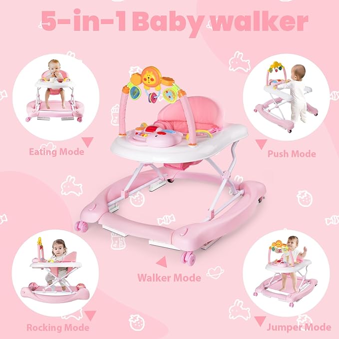 5-in-1 Baby Walker, Baby Walkers for Boys Girls 6-12 Months, Foldable Activity Walker, Toddler Infant Walker with Bouncer, Adjustable Height, Removable Footrest, Feeding Tray, Music