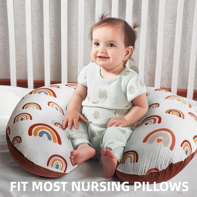 2 Pack Muslin Nursing Pillow Cover 100% Cotton Boho Neutral Stretchy Removable Baby Nursing Covers for Breastfeeding Pillows Soft Breathable Pillow Slipcover for Newborn Baby Boy or Girl (Boho)