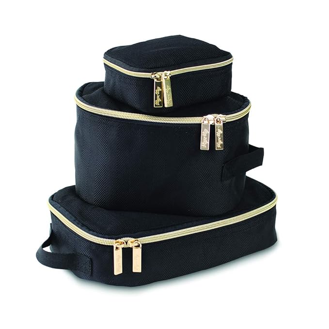Itzy Ritzy Packing Cubes For Travel – Set of 3 Packing Cubes or Travel Organizers; Each Cube Features a Mesh Top, Double Zippers and a Fabric Handle (Black with Gold Hardware)