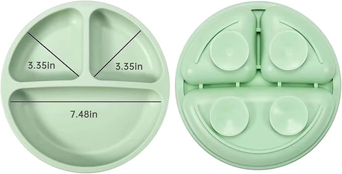 PandaEar Silicone Baby Feeding Set| 2 Pack Silicone Divided Suction Plate and 2 Pack Tiny Cup with 2 Spoons 2 Forks| Baby Led Weaning Supplies Self Feeding Eating Utensils (Light Blue/Light Green)