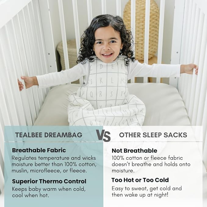 Tealbee Grow with Baby Sleep Sack – Adjustable Fit 6–24 Months for Babies & Toddlers, Soft Rayon from Bamboo Sleep Bag, All Season 1.2 TOG Wearable Blanket with 2-Way Zipper – Alphabet